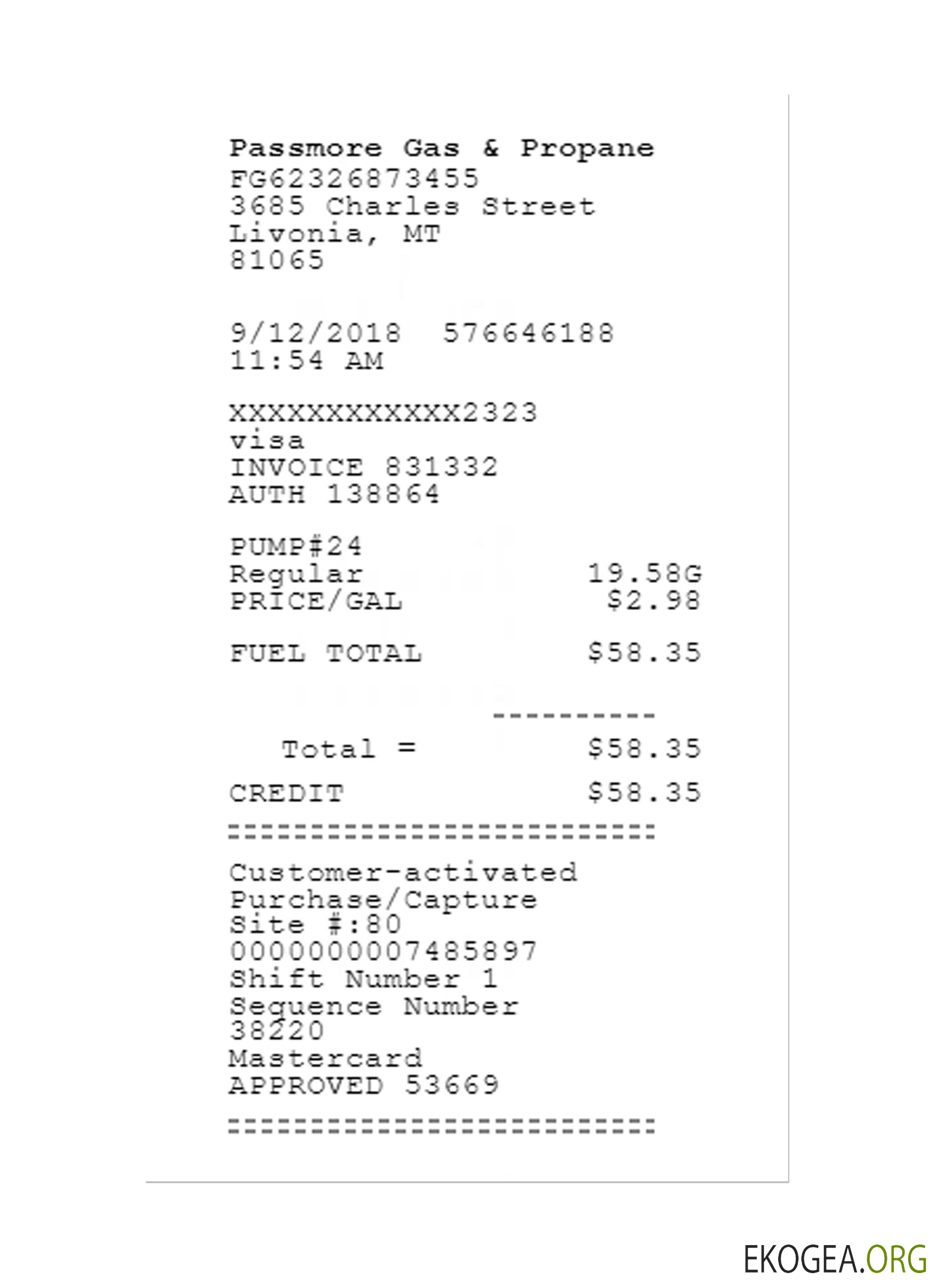 Modèle de reçu PASSMORE GAZ ET PROPANE